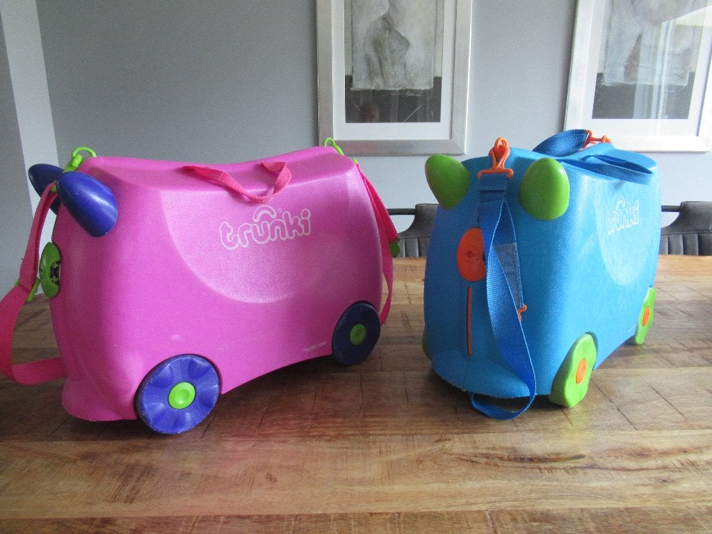 2x mooie Koffer Trunki Ride on kinderkoffer blauw en roze, Hard kunststof, Minder dan 50 cm, Ophalen of Verzenden, Zo goed als nieuw