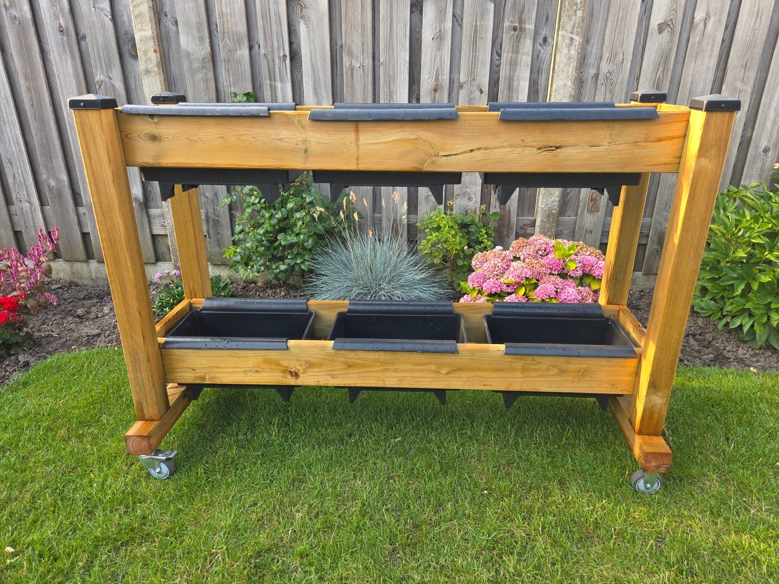 Houten plantenbak op wielen met 6 bato bakken, Ophalen, Gebruikt, 100 cm of meer, Balkon