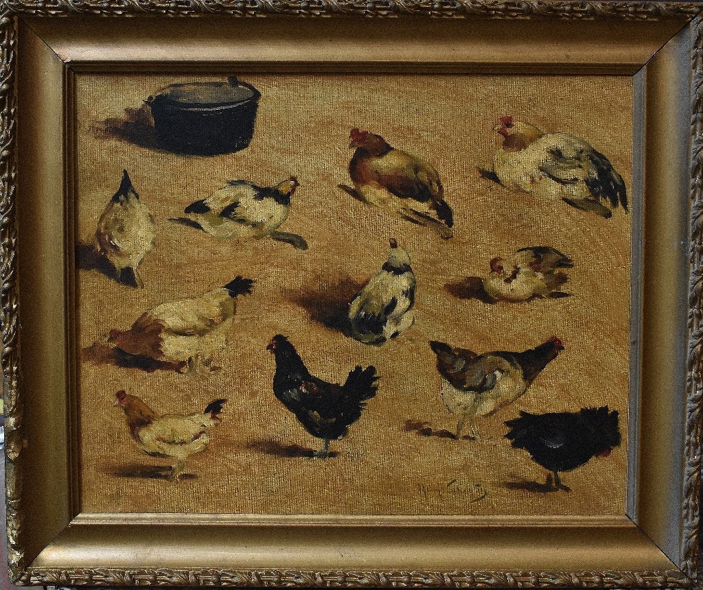 Kippenstudie=Henry Schouten., Dieren, Olieverf, Klassiek, Gesigneerd