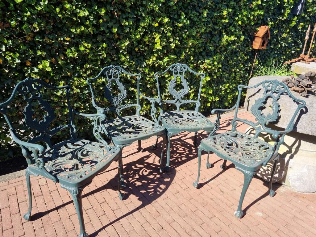 4 vintage weer bestendige terras tuinstoeltjes, 4 zitplaatsen, Gebruikt, Aluminium, Ophalen of Verzenden