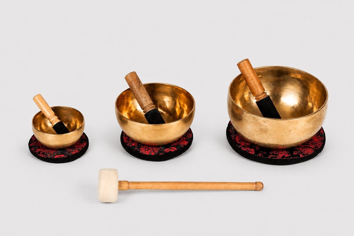 Klankschalen set (brons) met klopper en kussentjes, Ophalen of Verzenden