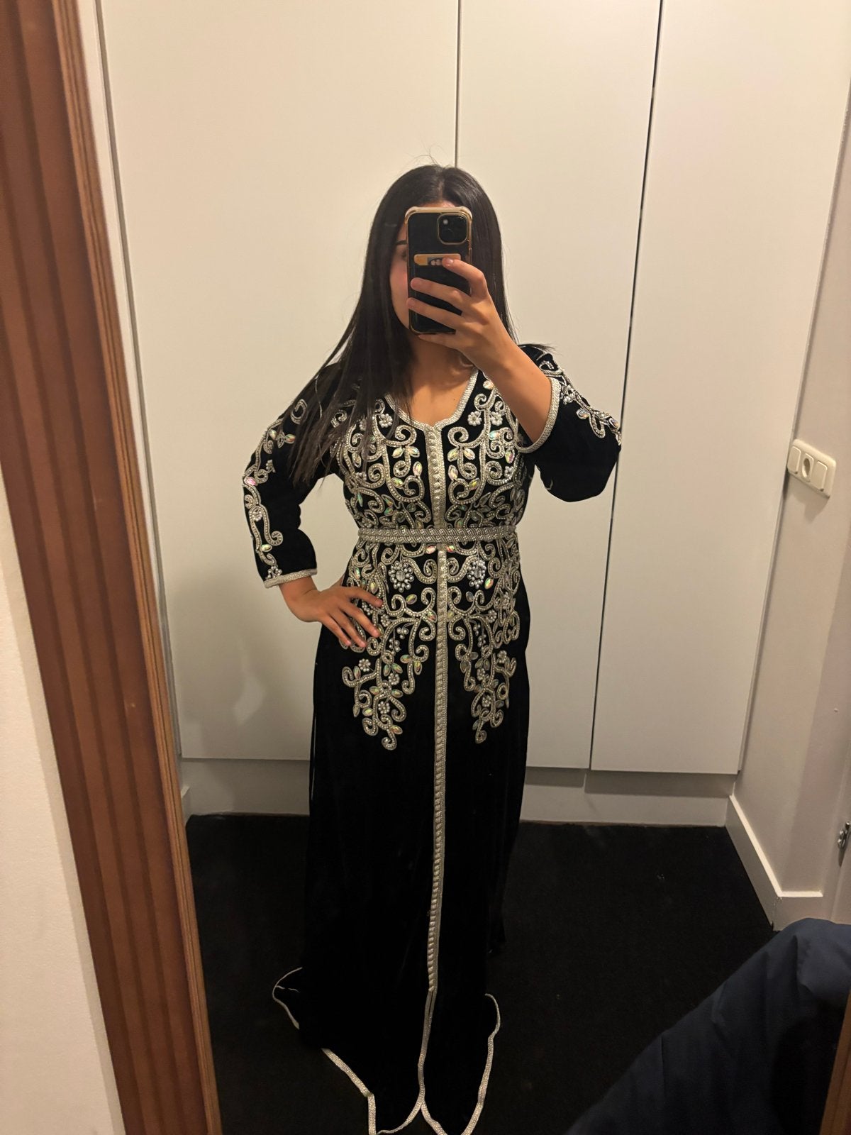 Traditionele Caftan - Zwart met zilveren borduursels, Maat 38/40 (M), Overige typen, Zwart, Ophalen of Verzenden
