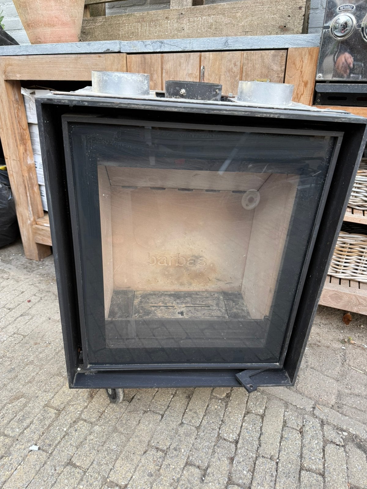 Barbas Unilux 55 inbouw houthaard glazen deur en inbouwkader, Ophalen, Zo goed als nieuw, Inbouwhaard, Houthaard