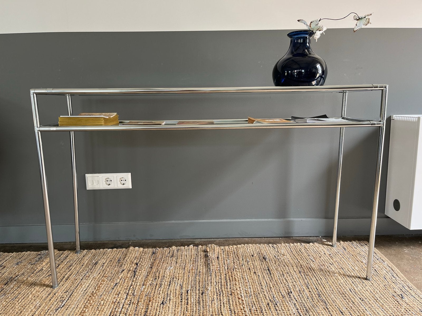 Bijzettafel chroom en veiligheidsglas - Bauhaus stijl, Huis en Inrichting, Ophalen, Gebruikt, 100 tot 150 cm, Glas