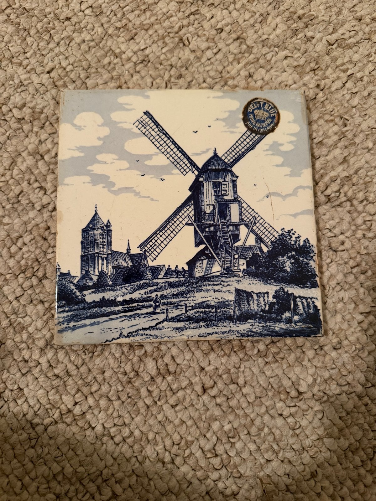 Delfts Blauw Tegel met Molen en Landschap, Antiek en Kunst, Ophalen