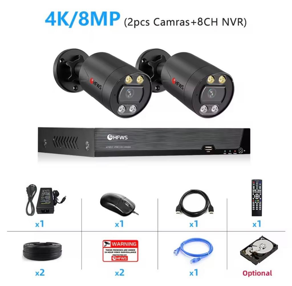 HFWS 4K/8MP bewakingscamerasysteem met 2 camera's, Audio, Tv en Foto, Videobewaking, Ophalen of Verzenden, Nieuw, Buitencamera