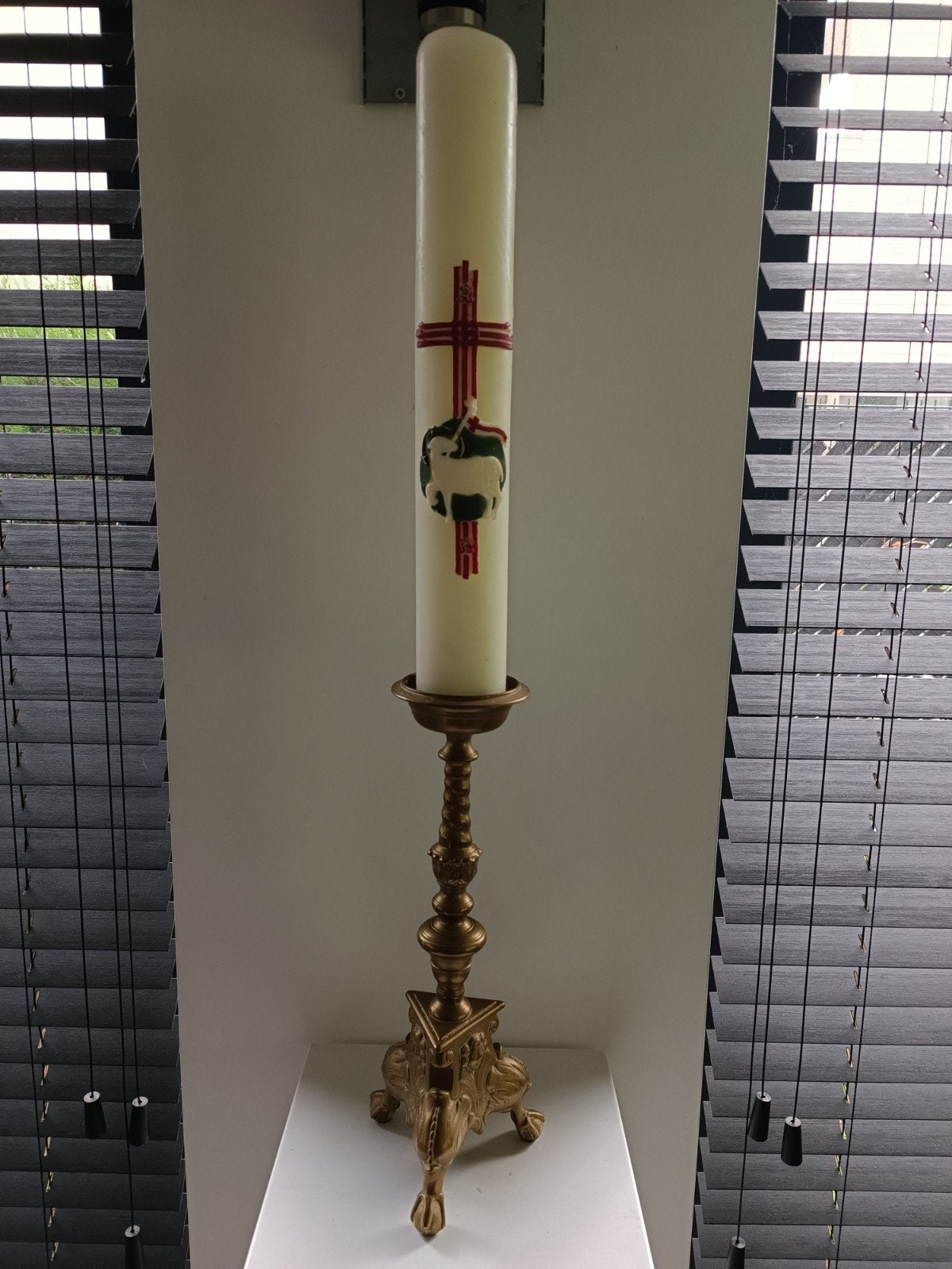 Antieke messing altaar kandelaar, cherubkopjes ca. 1880-1920, Antiek en Kunst, Ophalen, Koper of Brons