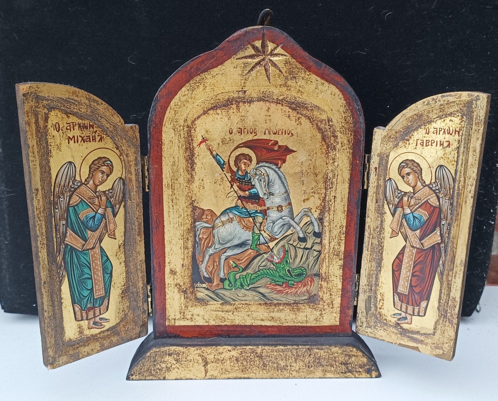 Byzantijns Drieluik Ikoon: Heilige St. Joris met Engelen, Ophalen of Verzenden