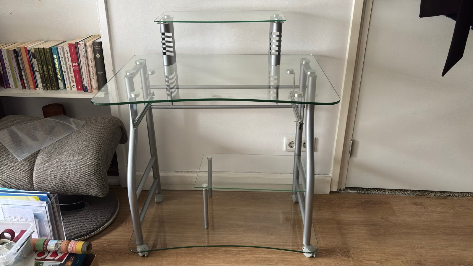 Glazen computerbureau met metalen frame en opzetstuk, Ophalen, Opzetstuk, Gebruikt, Computerbureau