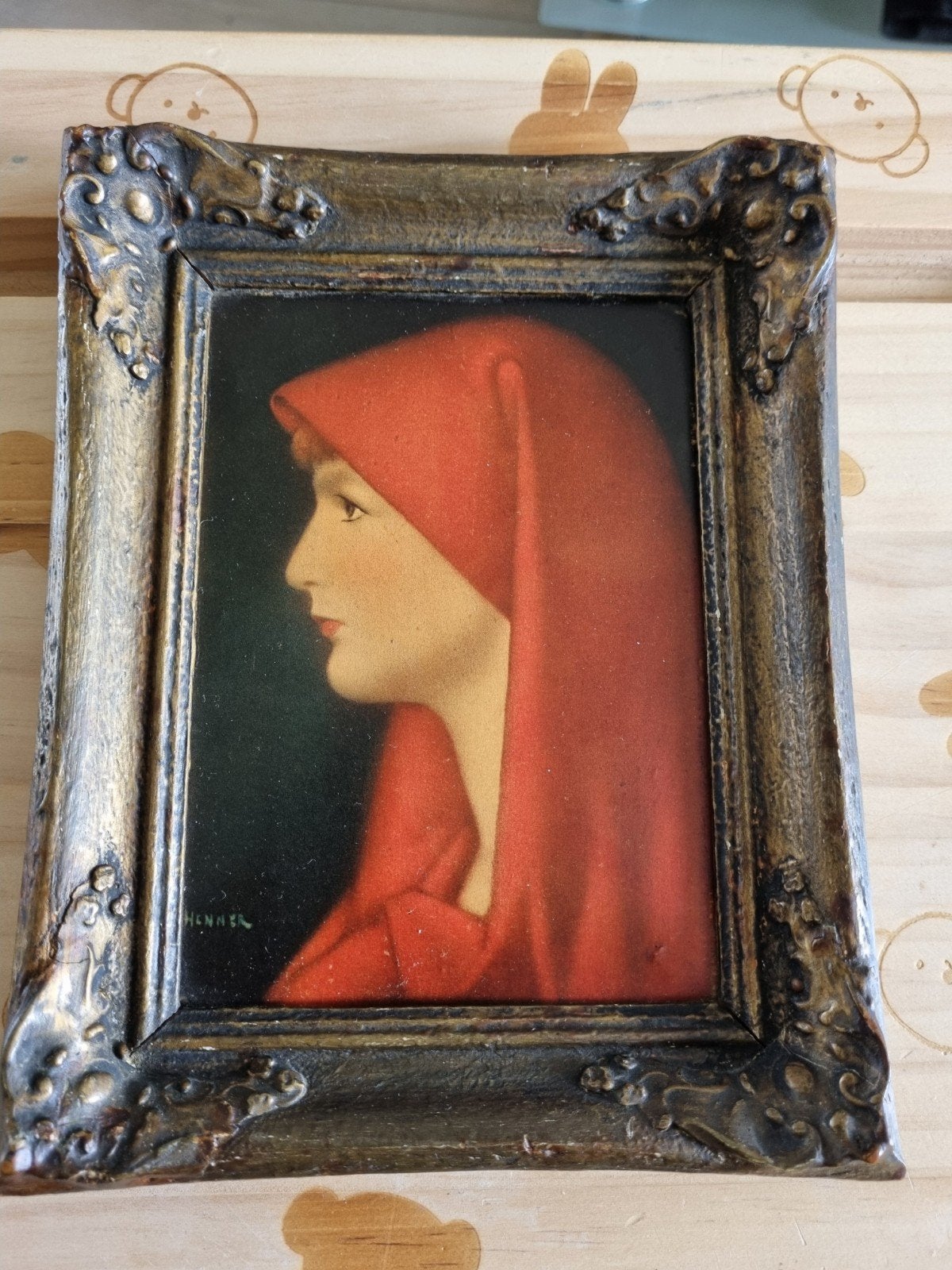 Vintage Schilderij: Vrouw met Rode Kap - Gesigneerd Henner, Ophalen of Verzenden