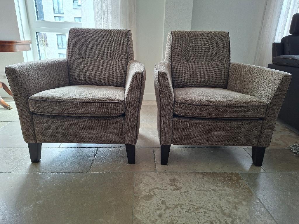 Twee stoffen fauteuils. Kleur taupe/beige gemêleerd., Ophalen, Twee, Overige kleuren, Zo goed als nieuw