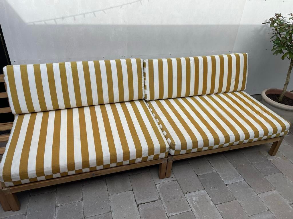 2 sets palletbank kussens (Karwei) - Geel/wit gestreept, Ophalen, Gebruikt, Stof