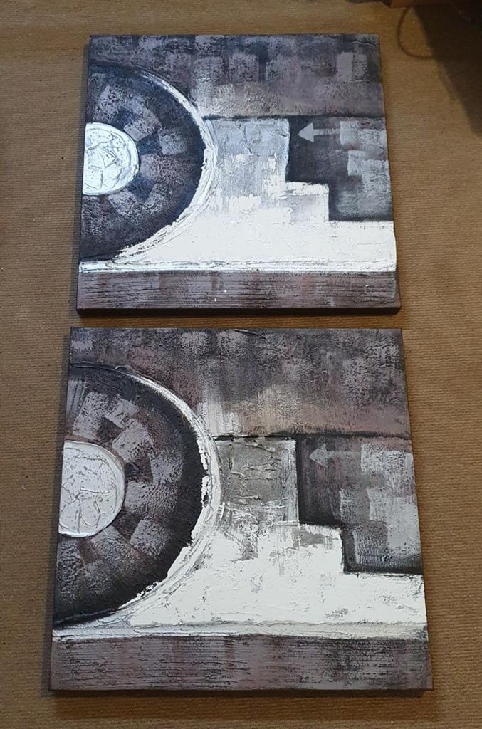 Set van 2 schilderijen met reliëf - 60x60 cm, Antiek en Kunst, Kunst | Schilderijen | Modern, Ophalen of Verzenden