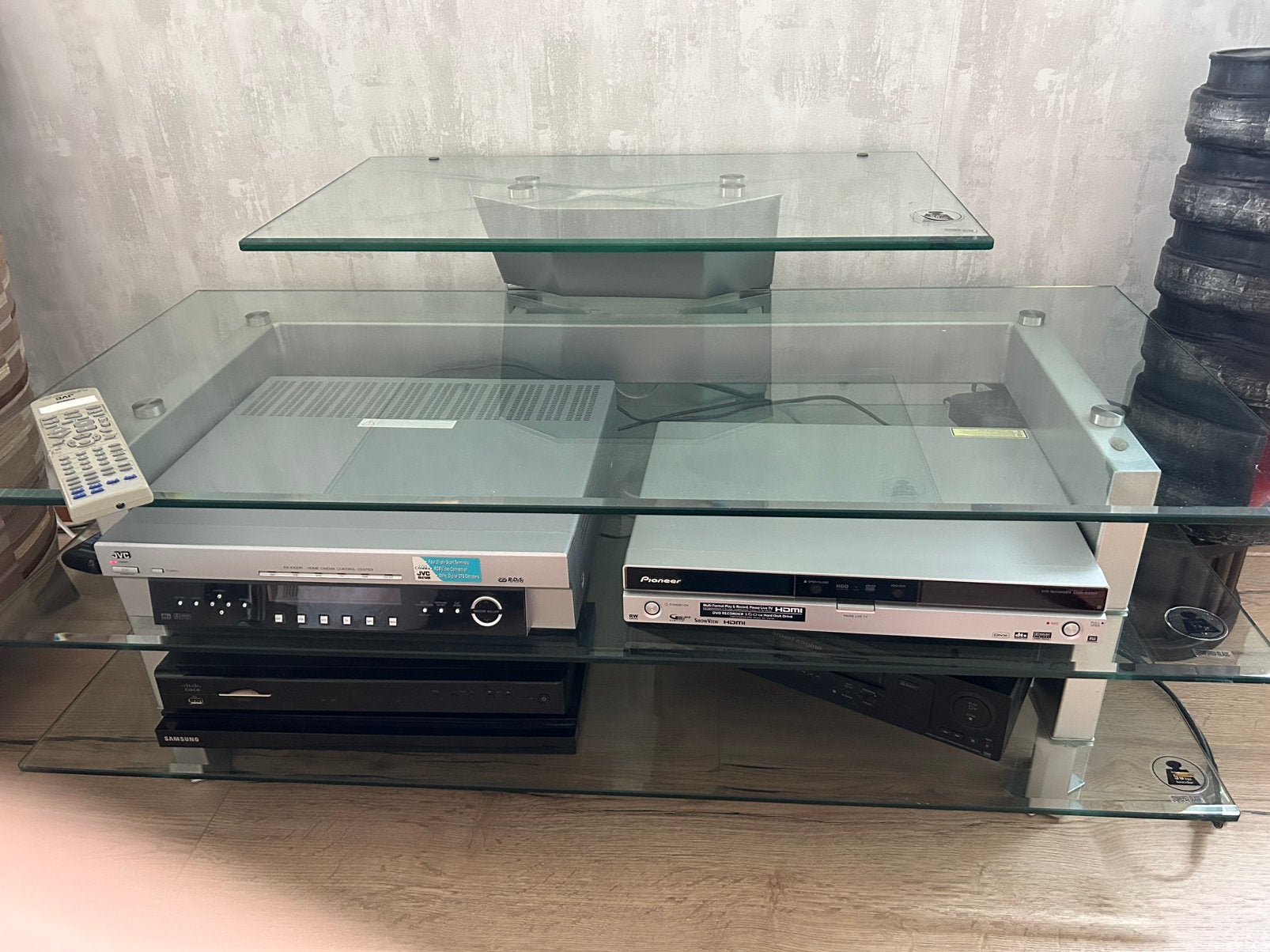 Glazen stereo/tv- meubel HxBxD 49x120x85 /, Ophalen, Gebruikt, 100 tot 150 cm, 75 cm of meer