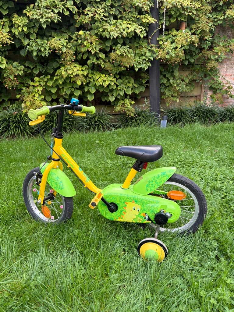 Dino kinderfiets 14 inch met demonteerbare zijwieltjes, Zijwieltjes, Gebruikt, Velgrem, Minder dan 16 inch