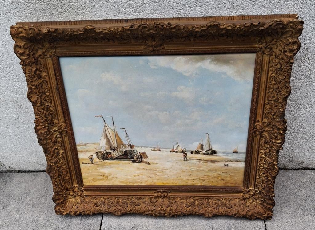 mooi schilderij, strandtafereel met schepen, Antiek en Kunst, Ophalen of Verzenden