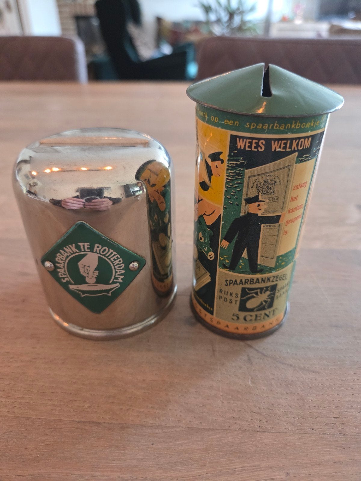 2 vintage spaarbusjes jaren '50 - Spaarbank Rotterdam, Verzamelen, Ophalen of Verzenden, Gebruikt, Metaal of Blik, Overige thema's