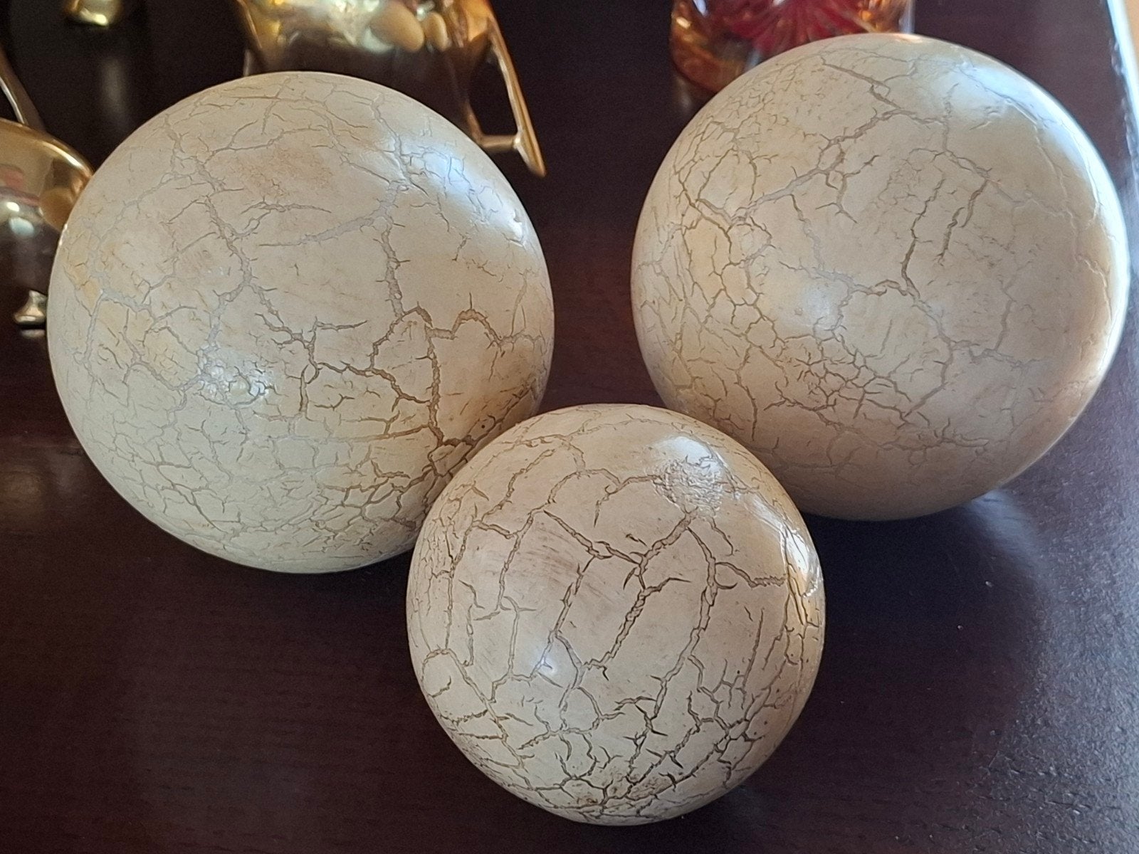 Set van 3 vintage decoratieve ballen, Vintage, Gebruikt, Ophalen of Verzenden, Beige