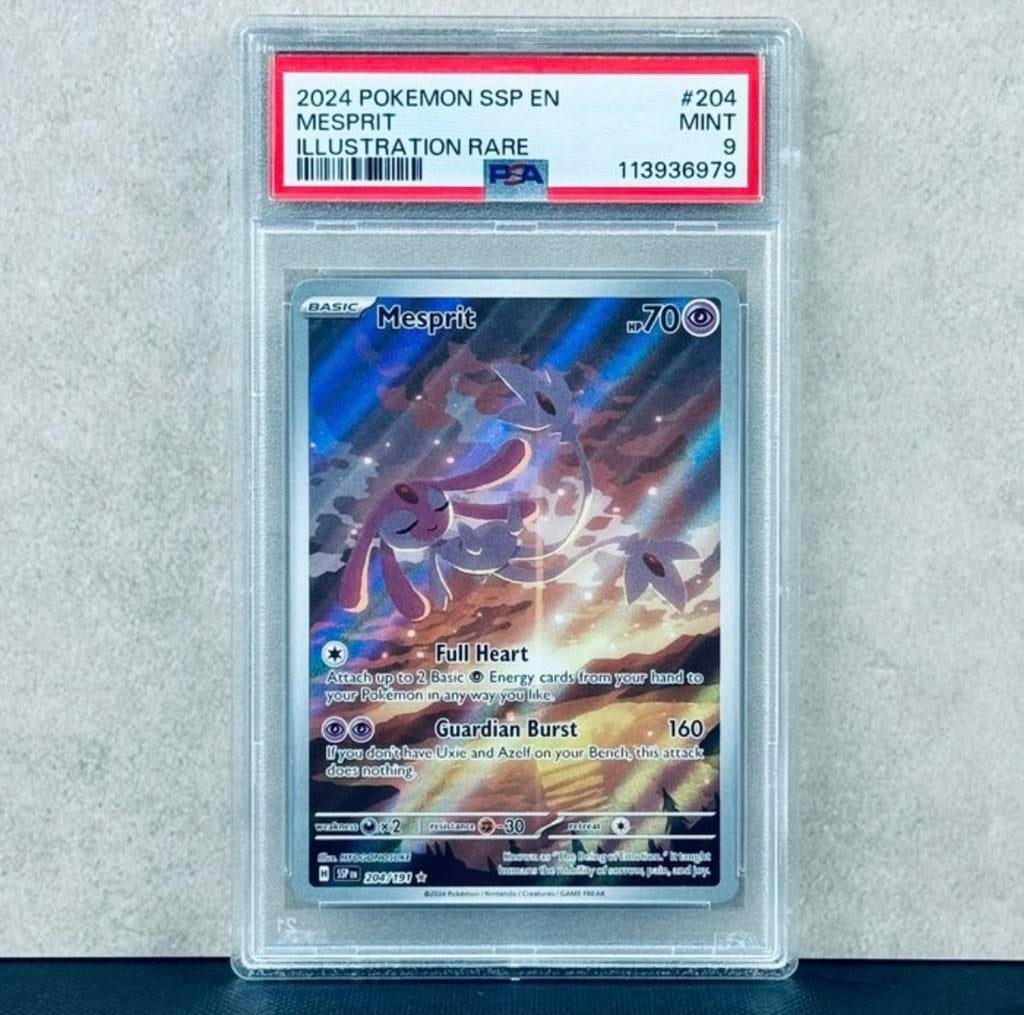 Pokémon Mesprit 2024 SSP EN PSA 9, Ophalen of Verzenden, Zo goed als nieuw, Losse kaart