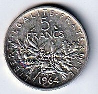 5  francs  1964  Frankrijk. km. 926, Ophalen of Verzenden, Frankrijk, Losse munt, Zilver