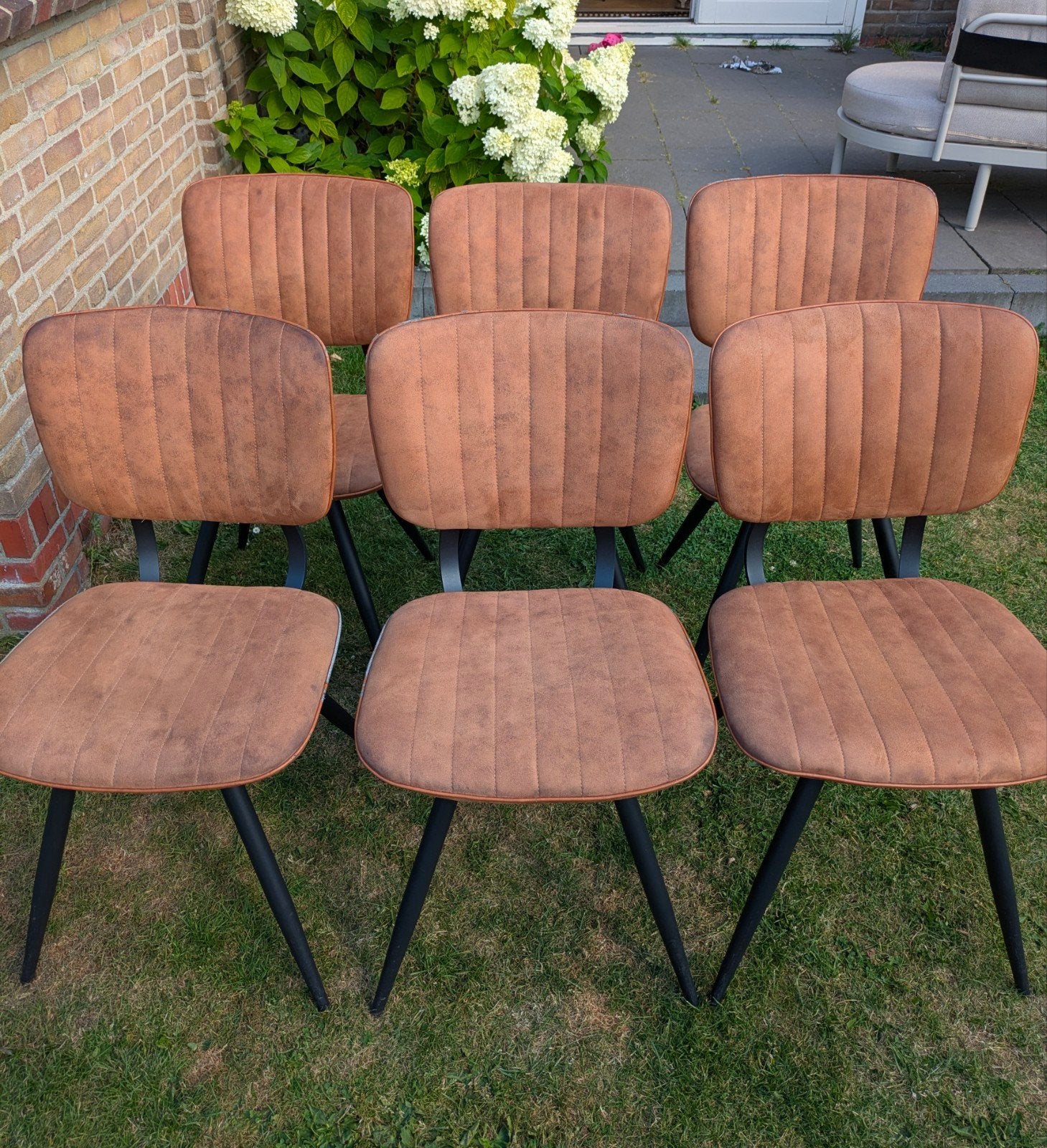 Set van 6 eetkamerstoelen, Huis en Inrichting, Stoelen, Ophalen, Gebruikt, Bruin, Stof