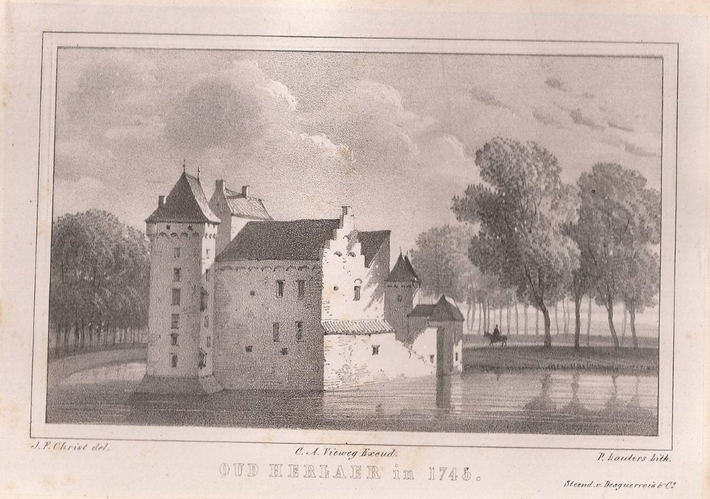 Het Huis Oud-Herlaer in 1745 St. Michielsgestel litho 1846, Origineel, 1800 - 1899, Architectuur, 12 cm