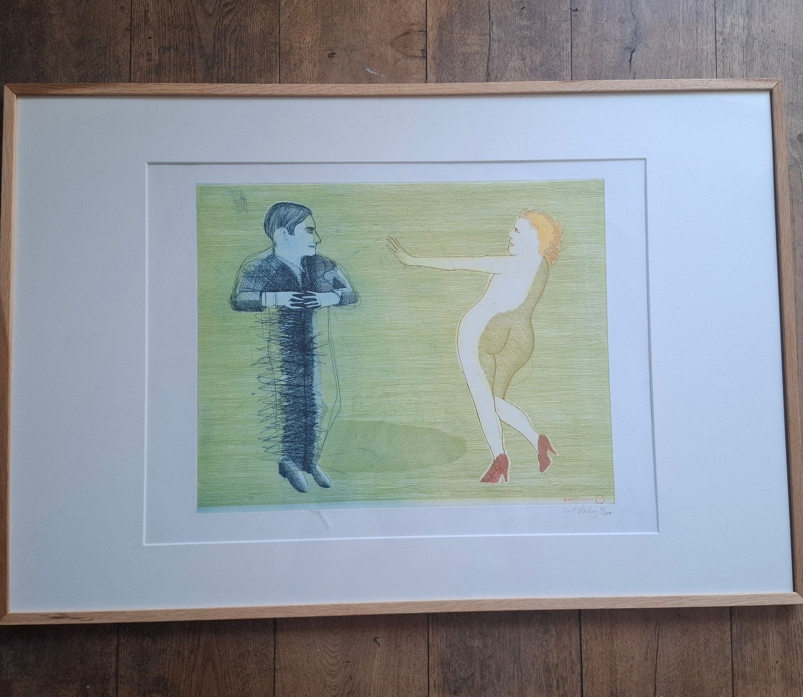 Kleurenets De Verliefde Danseres - Aat Verhoog, Gesigneerd, Ophalen, Portret en Figuren, Ets