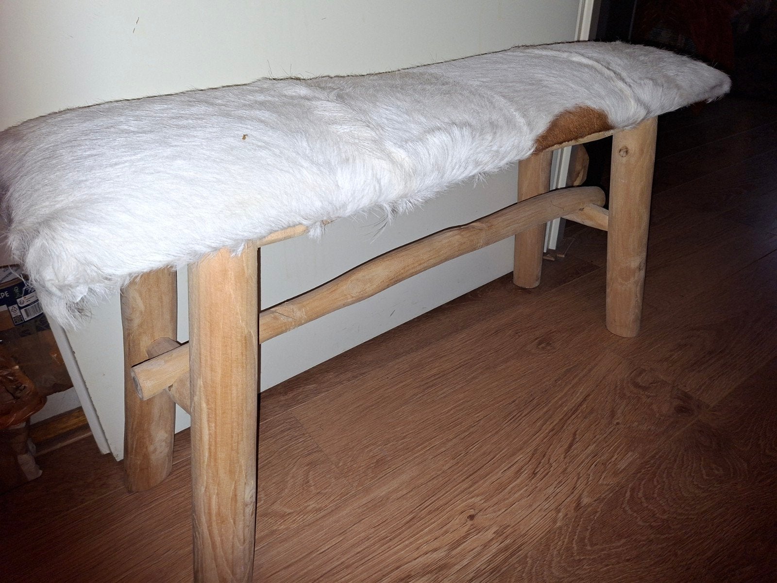 Bankje geitenleer teakhout, Huis en Inrichting, Ophalen, Nieuw, Hout, Minder dan 50 cm