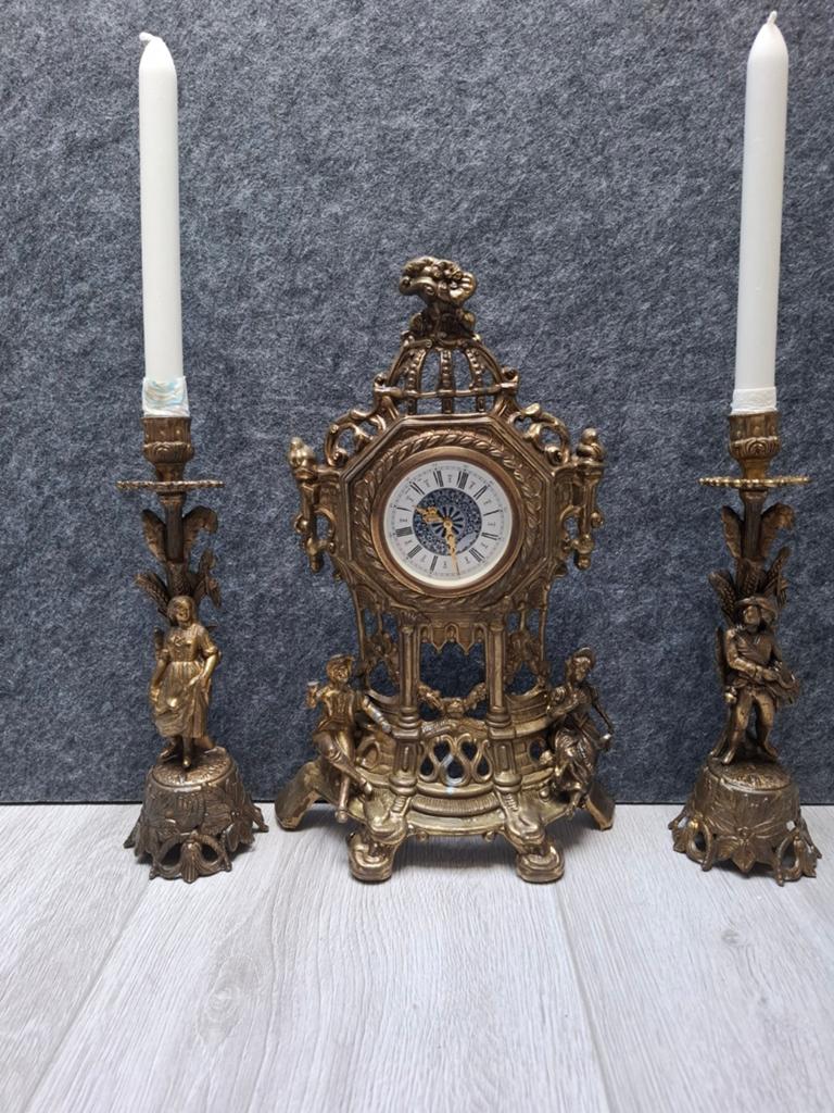 Antieke bronzen klok met kandelaars, Ophalen of Verzenden