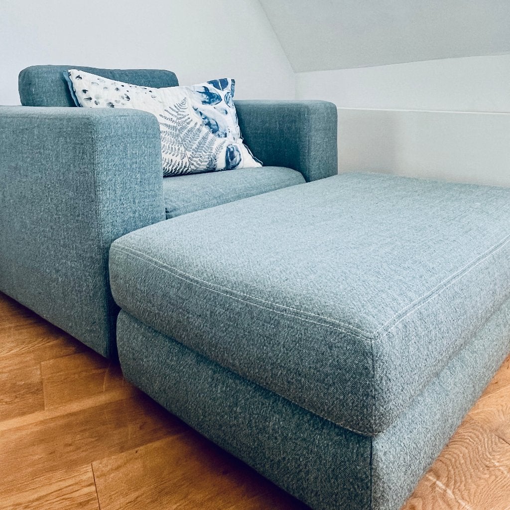 Reid fauteuil + hocker (DWR) – luxe moderne designset, Ophalen, Eenpersoons, Hout, 75 tot 100 cm