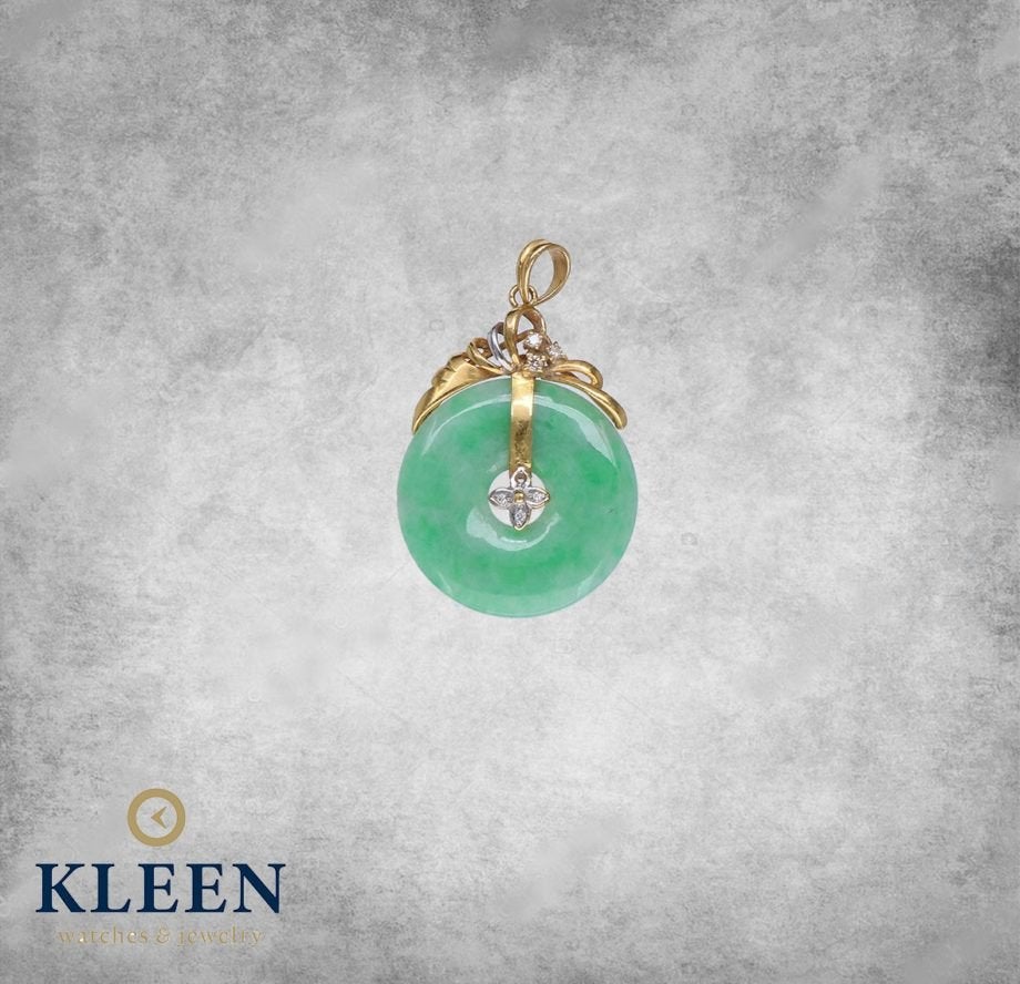 18K Gouden Hanger met Jade en Diamant, Ophalen of Verzenden, Zo goed als nieuw, Info@kleenedelmetalen.nl, Goud