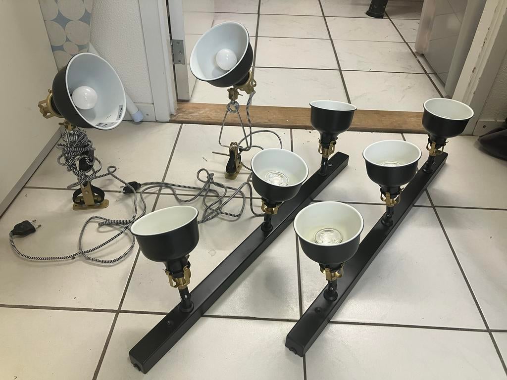 Set van 2 railspots en 2 klemlampen - Zwart/Goud, Huis en Inrichting, Ophalen, Zo goed als nieuw