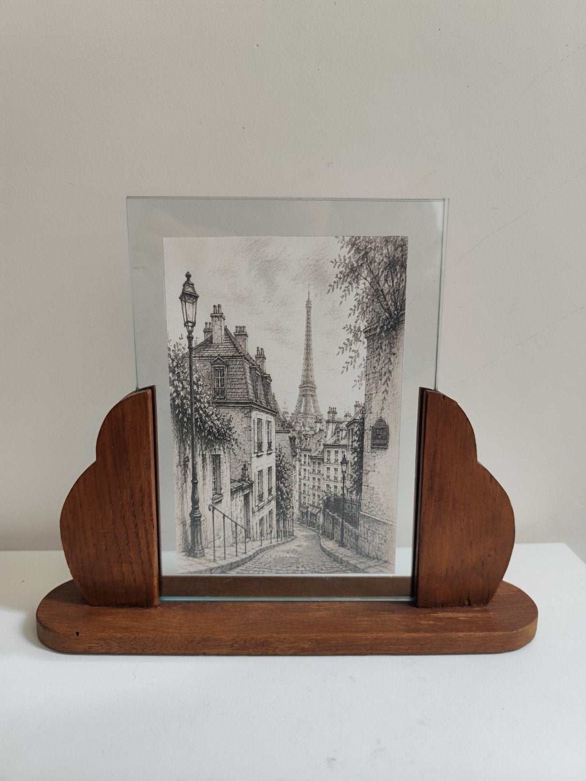 Glazen fotolijst met houten standaard - Parijs, Bruin, Gebruikt, Met afbeelding, Ophalen of Verzenden