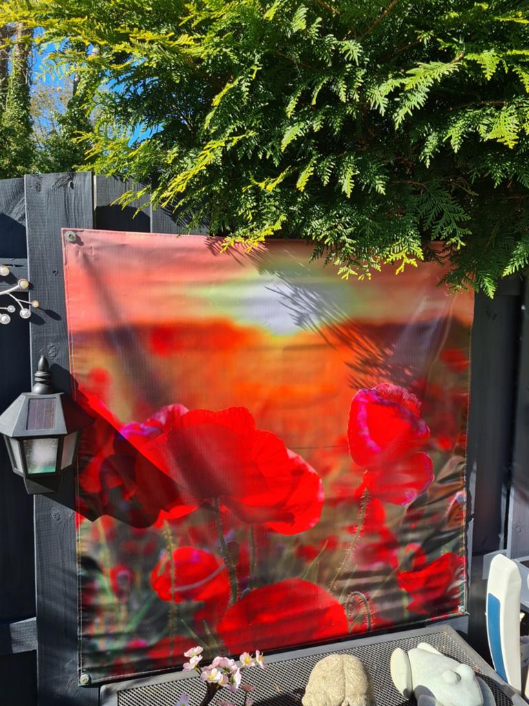 bloempotten,lampions.Tuindoek Klaprozen Zonsondergang ., Tuin en Terras, Tuinwanddecoratie, Gebruikt, Ophalen