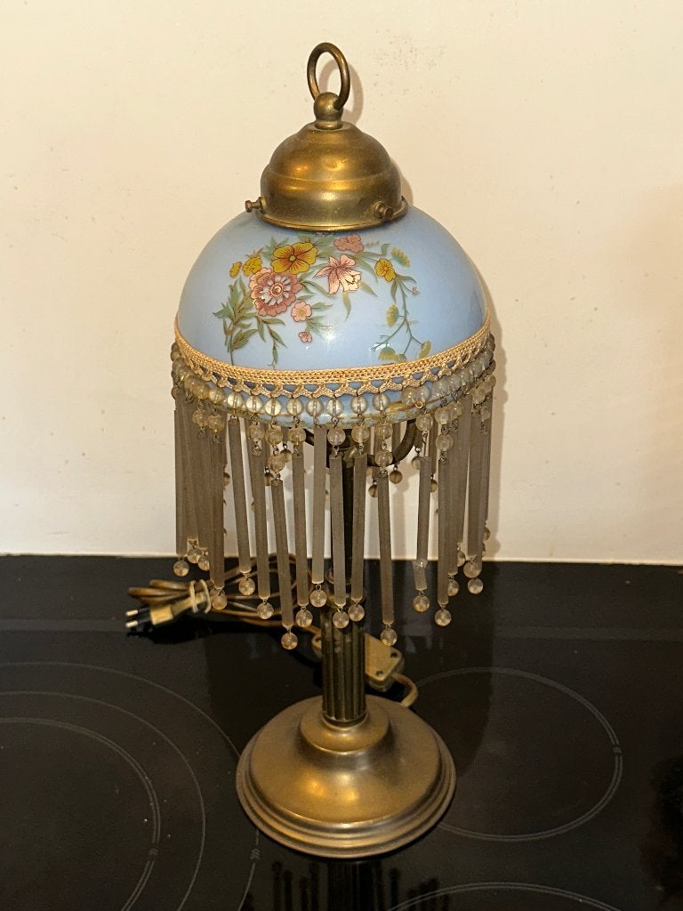 Prachtige Vintage Boudoirlamp met Glazen Pegels & Bloemen, Ophalen, Inclusief lichtbron, Gebruikt, Art deco