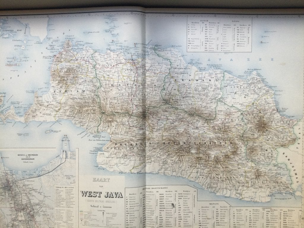 Indonesië, West-Java met Batavia; 1e druk, 1883, Antiek en Kunst, 1800 - 1899, Cartografie, 88 cm, 60 cm
