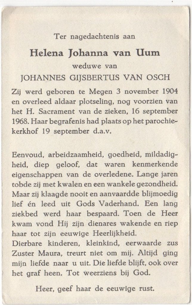 Helena J. van Uum 1904 Megen + 1968 Megen, 63 jaar, Verzenden