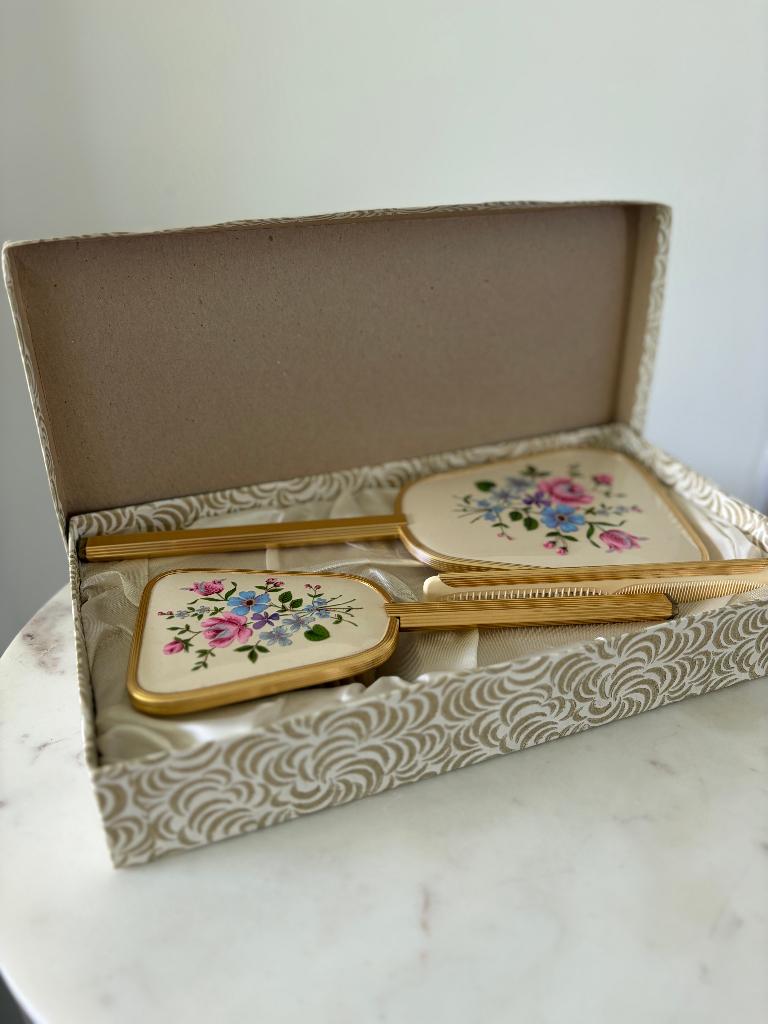 Vintage kapset met spiegel en borstel in originele doos, Ophalen of Verzenden