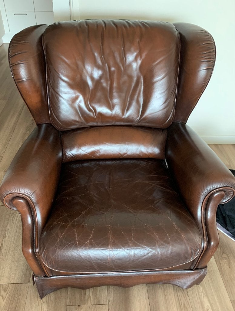 Te koop lederen fauteuil, Ophalen, Gebruikt, 50 tot 75 cm, Leer
