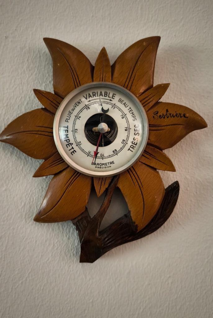 Antieke Houten Barometer Sestriere – Handgesneden Edelweiss, Ophalen of Verzenden
