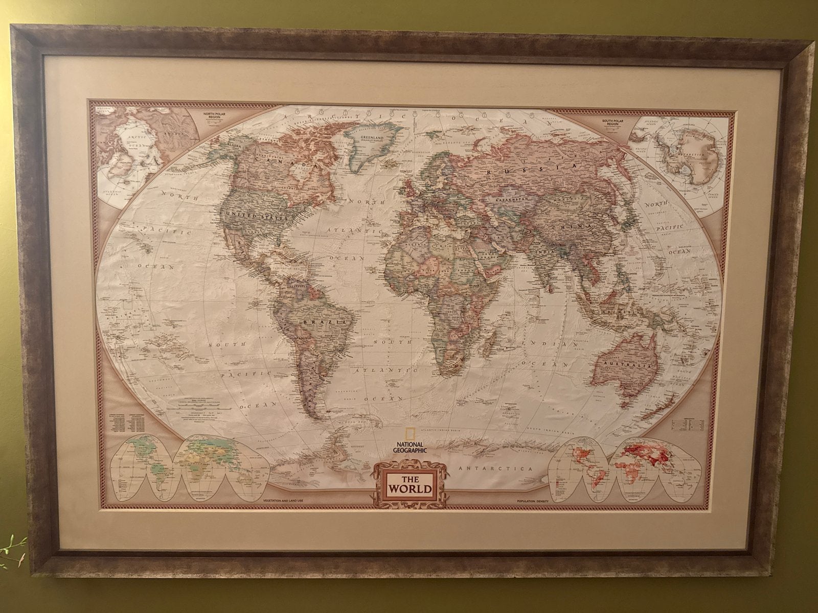 Ingelijste wereldkaart van National Geographic, Ophalen, Gebruikt, Hout, Meerkleurig