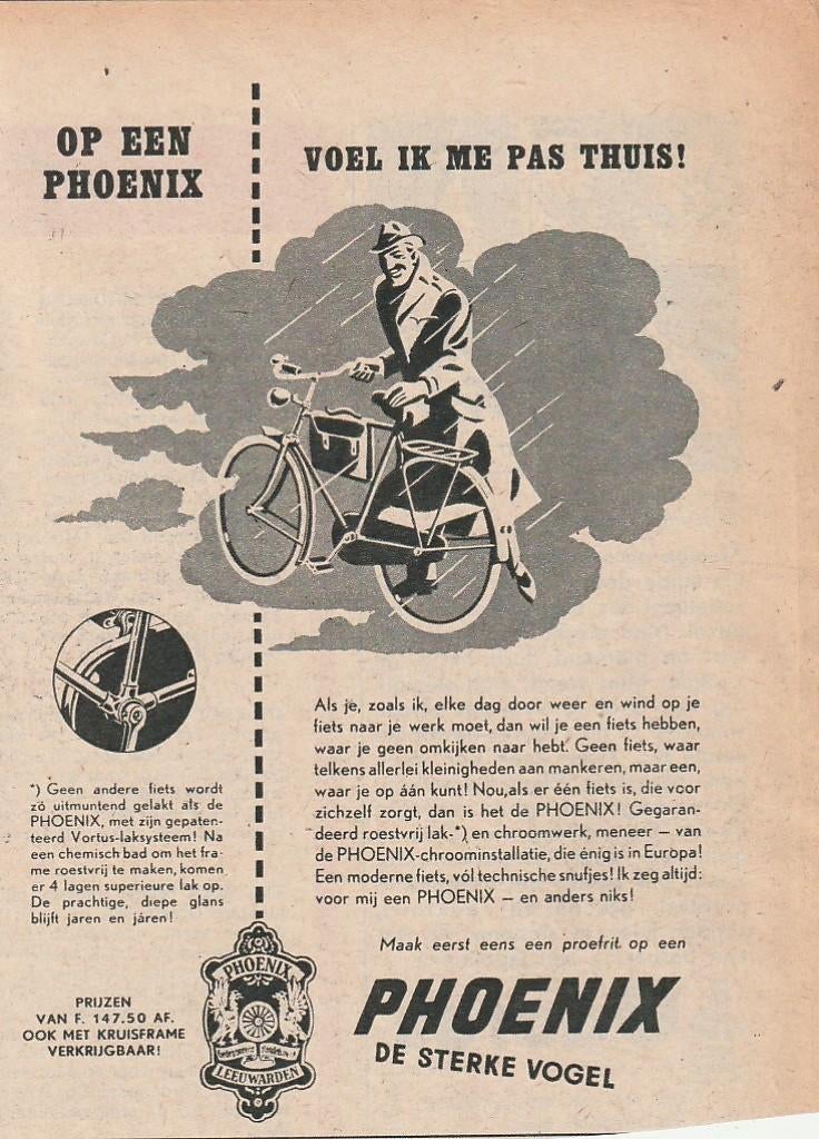 Retro reclame 1951 Phoenix Leeuwarden fiets weer & wind, Verzenden, Overige typen