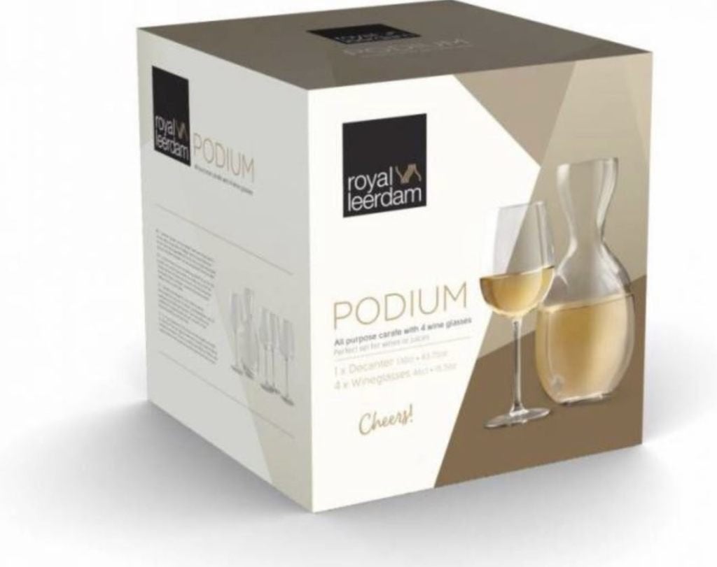 Nieuw | Royal Leerdam Podium Set wijnglazen + karaf 5-delig, Ophalen, Glas of Glazen, Nieuw, Glas