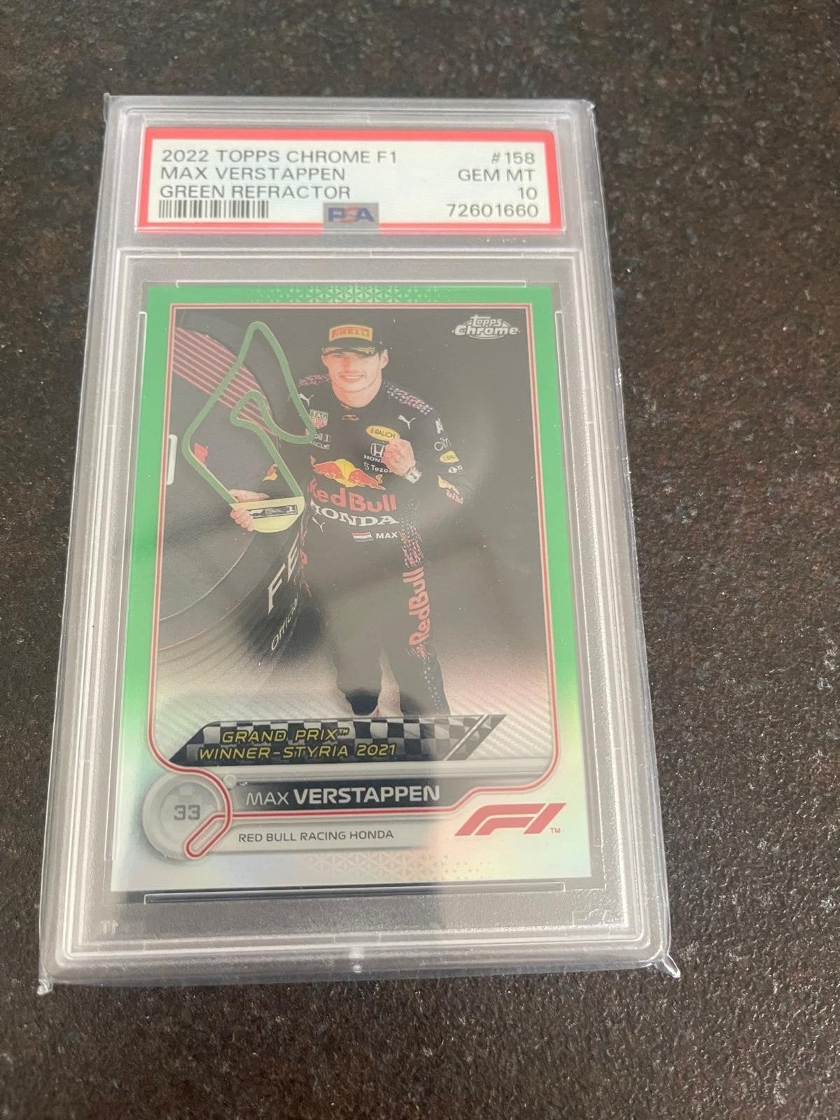 PSA 10 /99 Max Verstappen Topps Chrome F1 Green Refractor PS, Ophalen of Verzenden, Zo goed als nieuw, Overige sporten, Spelerskaart