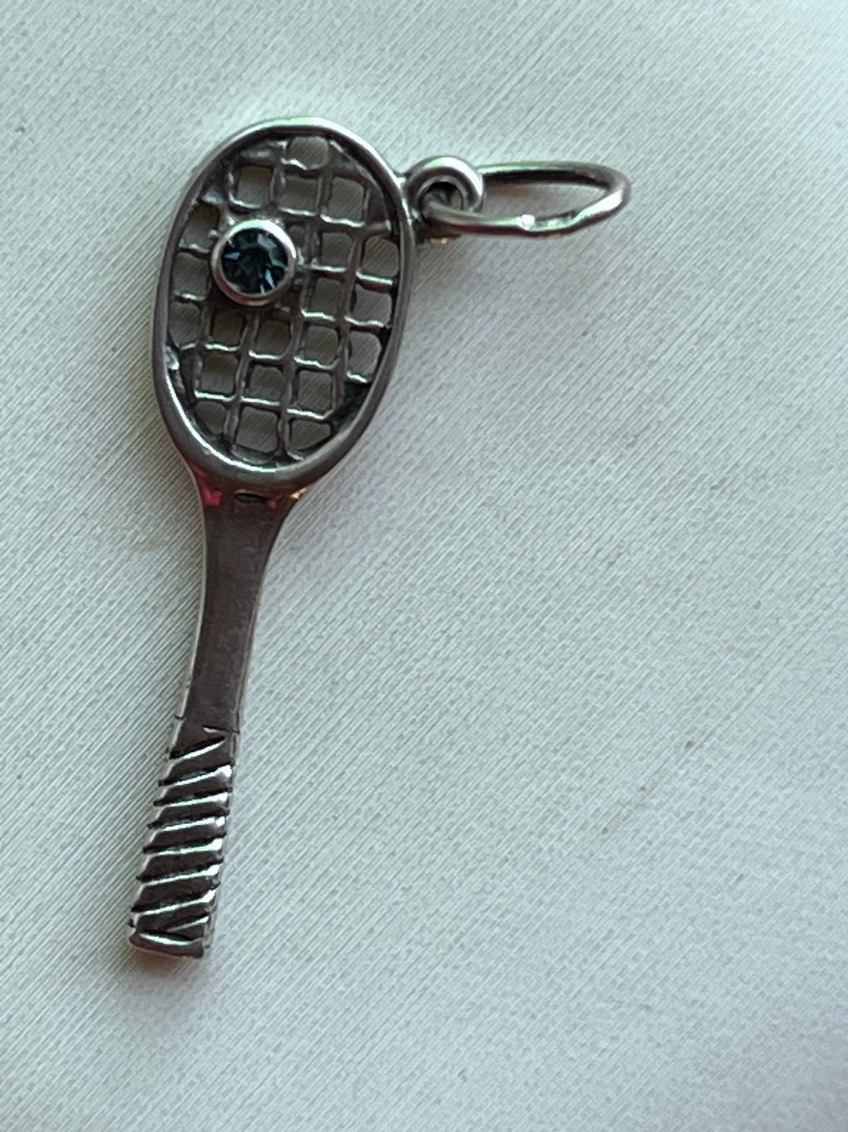 Zilveren hanger tennisracket met Aquamarijn, gekeurd, Verzenden, Zo goed als nieuw, Zilver, Kruis of Symbool