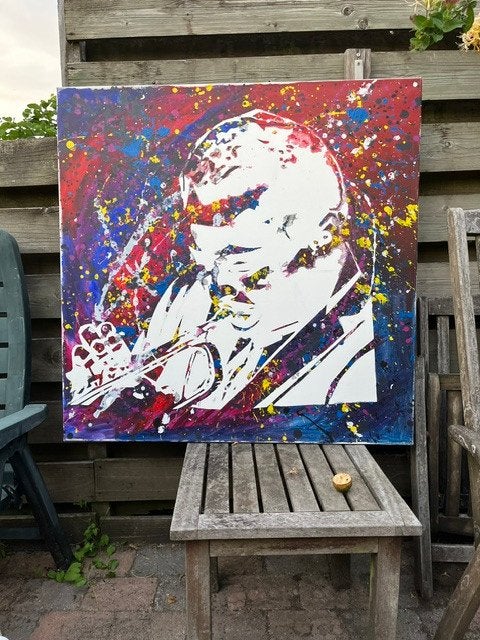 Chet Baker op canvas, Ophalen, Gemengde techniek, Muziek, Op houten frame