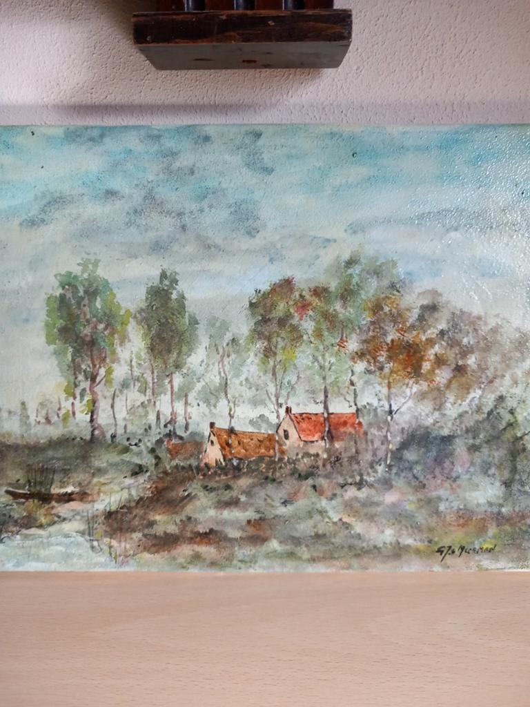 Nederlands landschap in olieverf op zware tegel, Antiek en Kunst, Ophalen of Verzenden