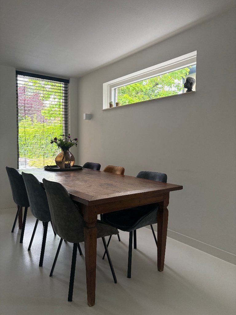 Moderne houten eetkamertafel met 6 (draaibare) stoelen, Ophalen, Gebruikt, Modern, 4 tot 6 stoelen