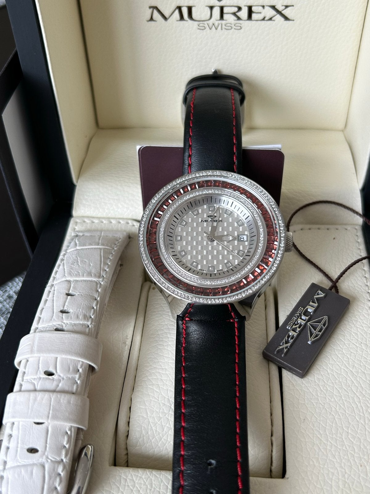 Murex Swiss Made Horloge met Diamanten en Garnet, Overige merken, Leer, Staal, Polshorloge