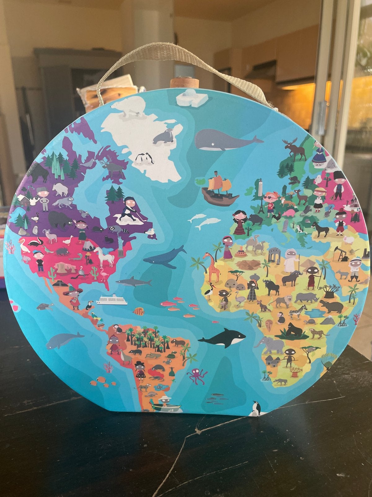 Janod Dubbelzijdig Rond Wereldkaart Puzzel Ø50 cm, Ophalen of Verzenden, Meer dan 50 stukjes, Zo goed als nieuw, 6 jaar of ouder